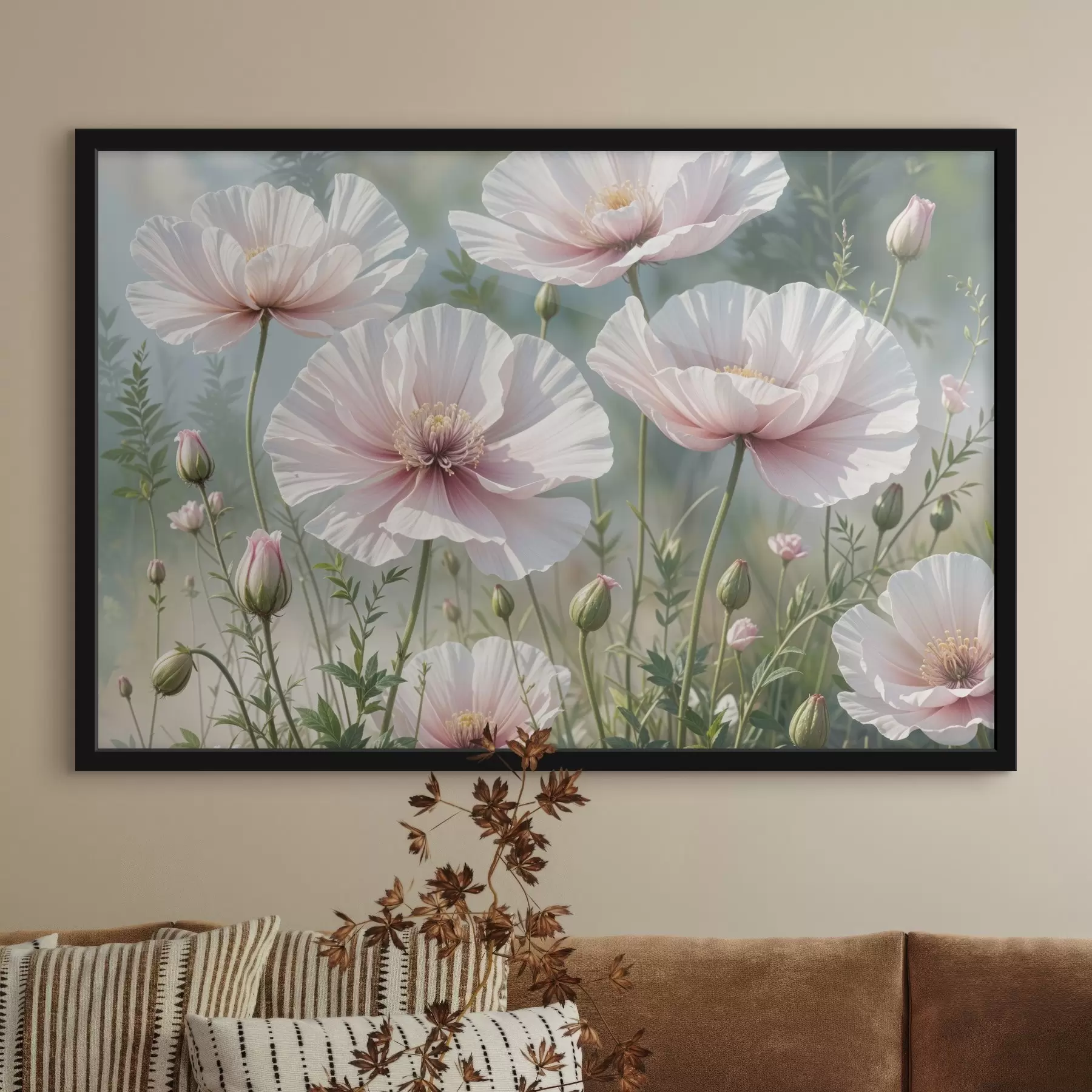 carta da parati Un campo di delicati fiori di papavero rosa pallido con petali morbidi e vaporosi su uno sfondo verde sfocato nr. f41094