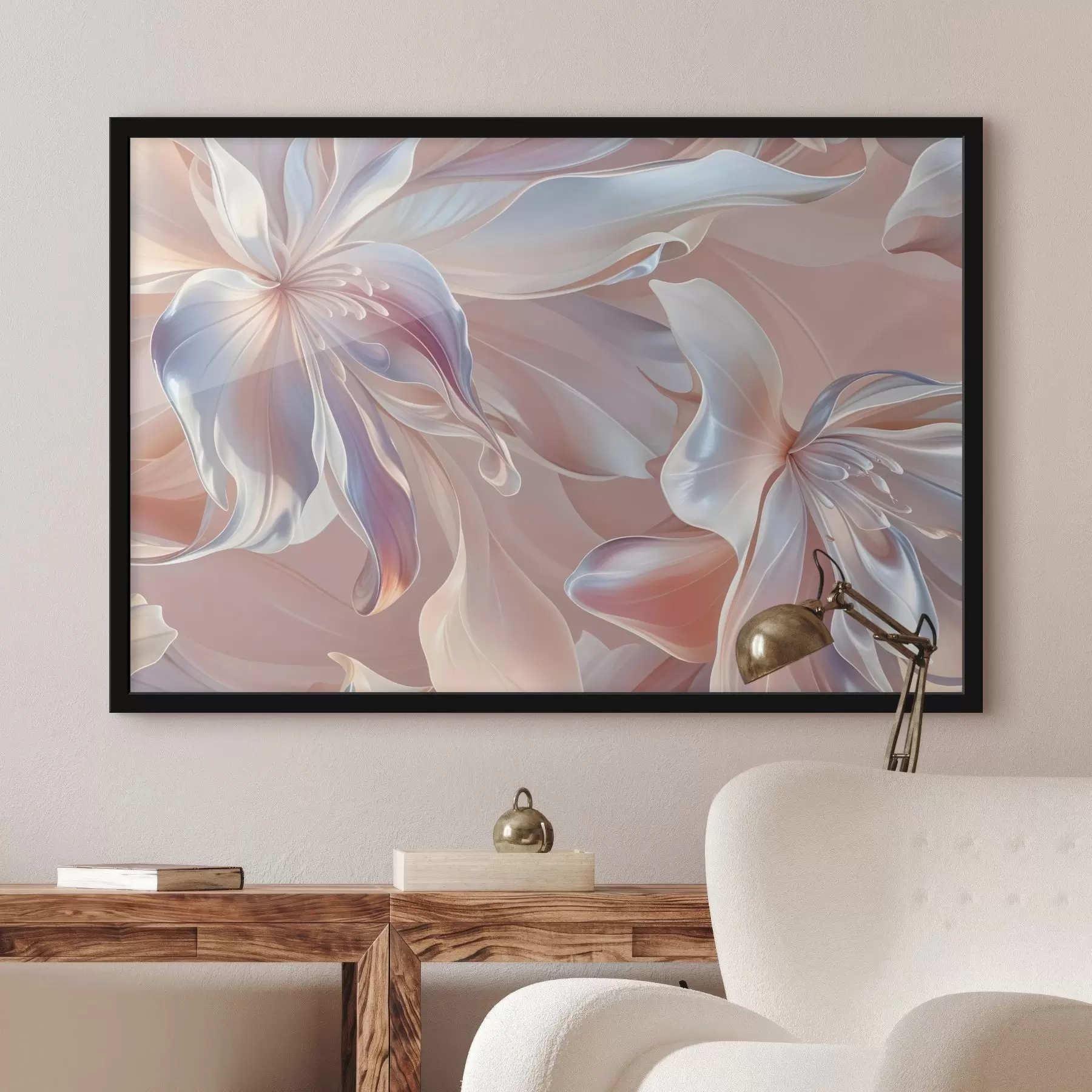 carta da parati Delicati petali di fiori dai colori pastello con forme e texture fluide, che creano una composizione floreale astratta nr. f41098