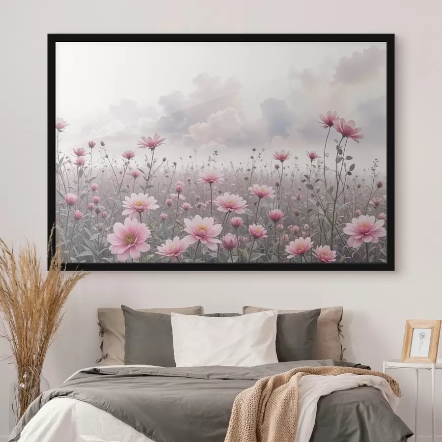 carta da parati Un campo di fiori di margherita rosa su uno sfondo di cielo nuvoloso nr. f41102