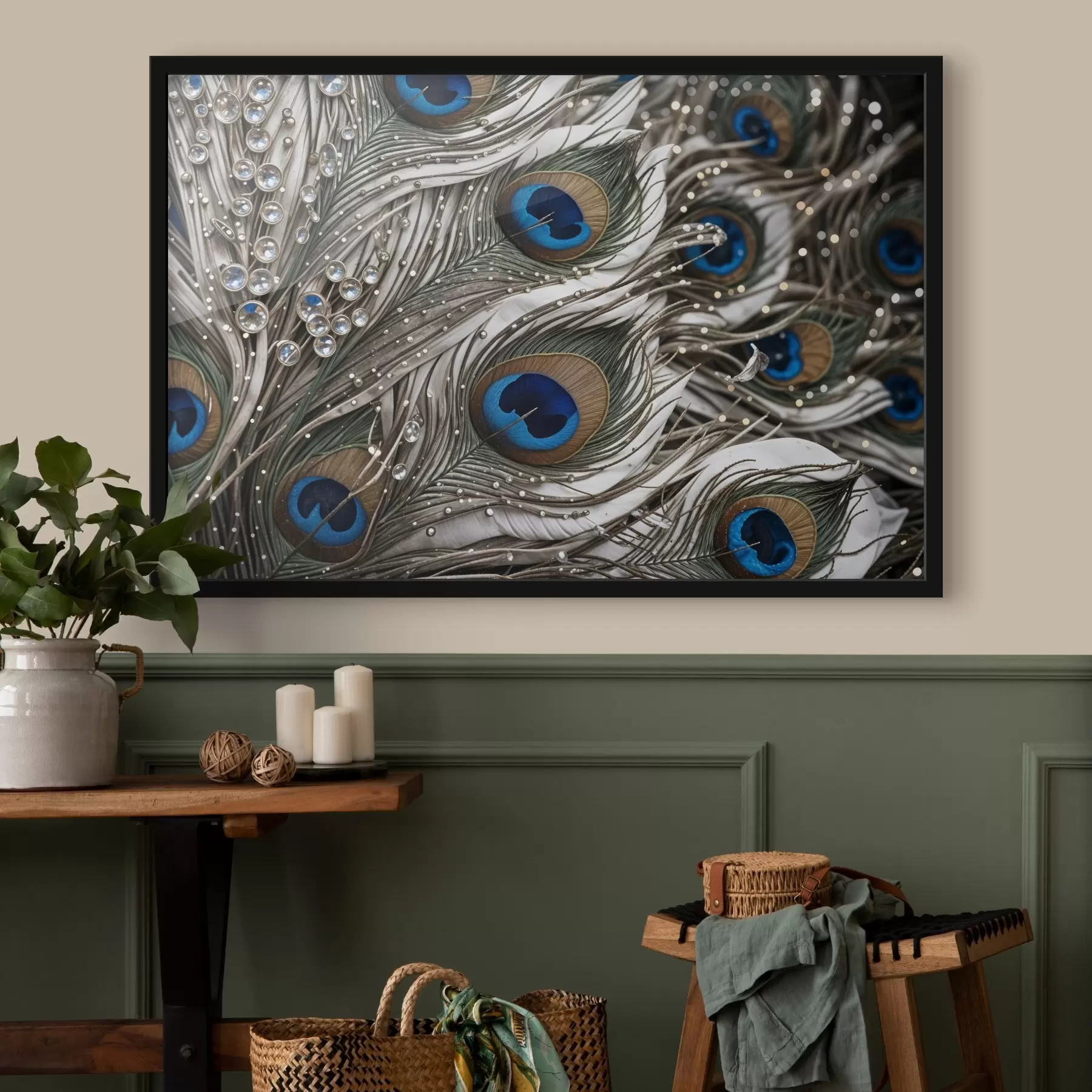 carta da parati Vibranti piume di pavone con motivi intricati e suggestivi disegni blu nr. f41103