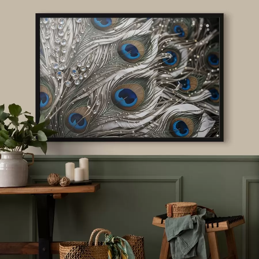 carta da parati Vibranti piume di pavone con motivi intricati e suggestivi disegni blu nr. f41103