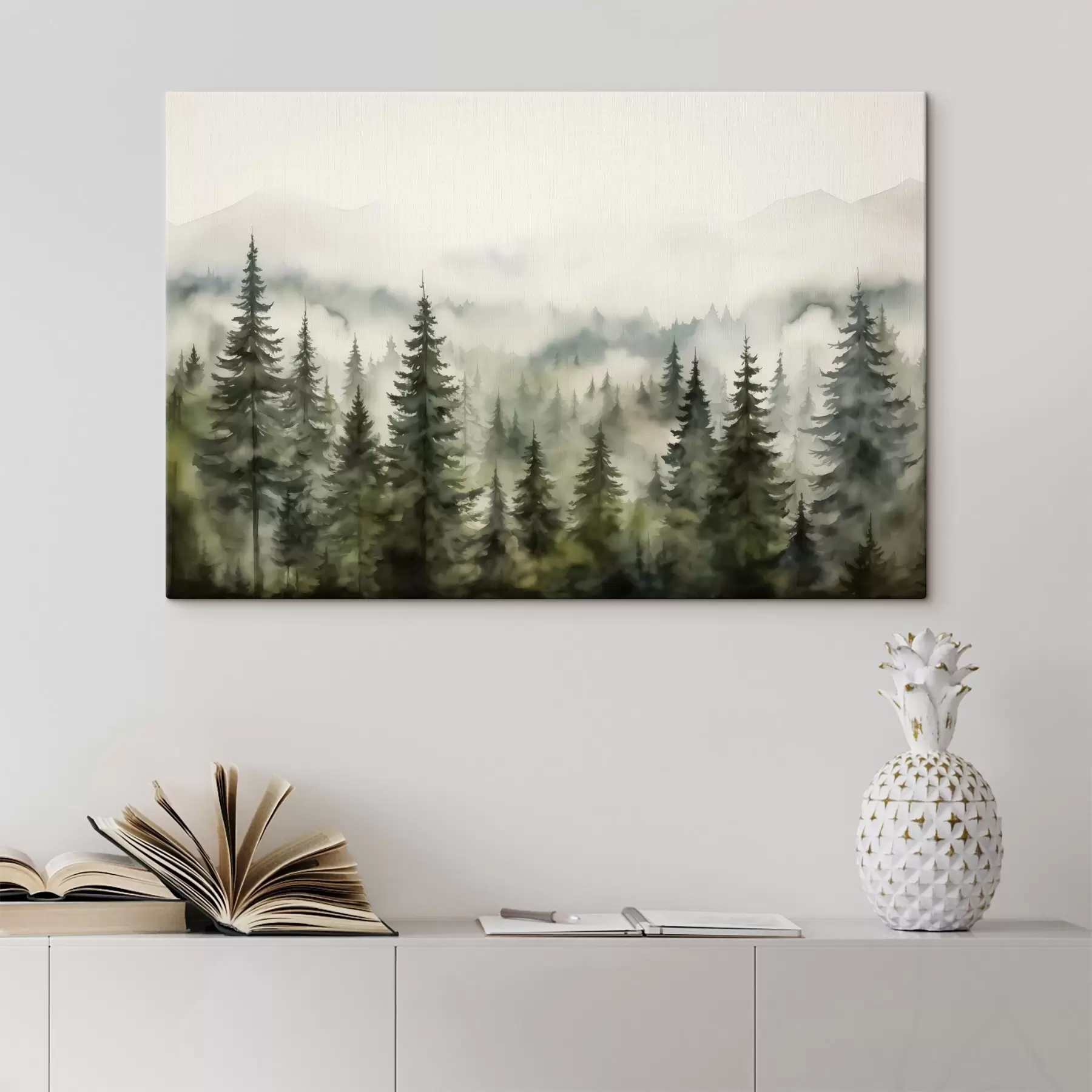 carta da parati Foresta verde sullo sfondo di montagne montagne e nebbia acquerello nr. s41241