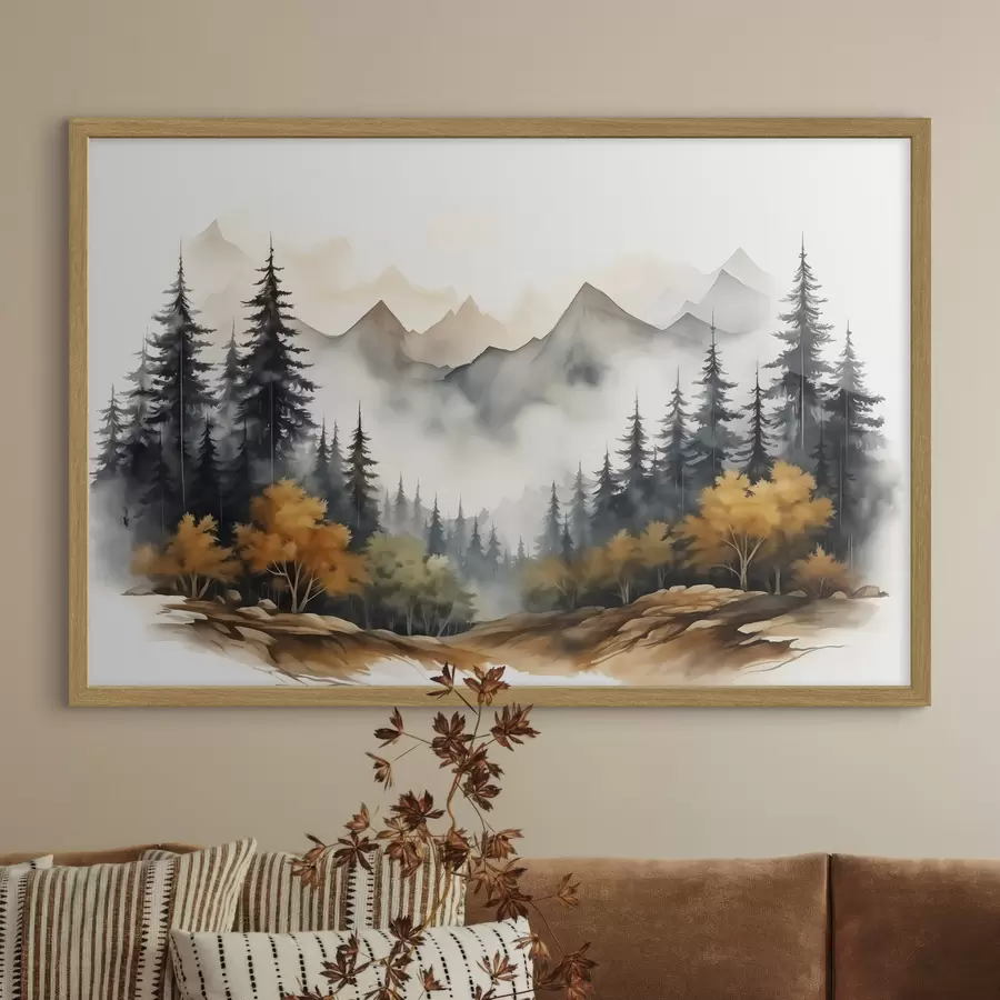 carta da parati Foresta sullo sfondo di montagne acquerello nr. f41240