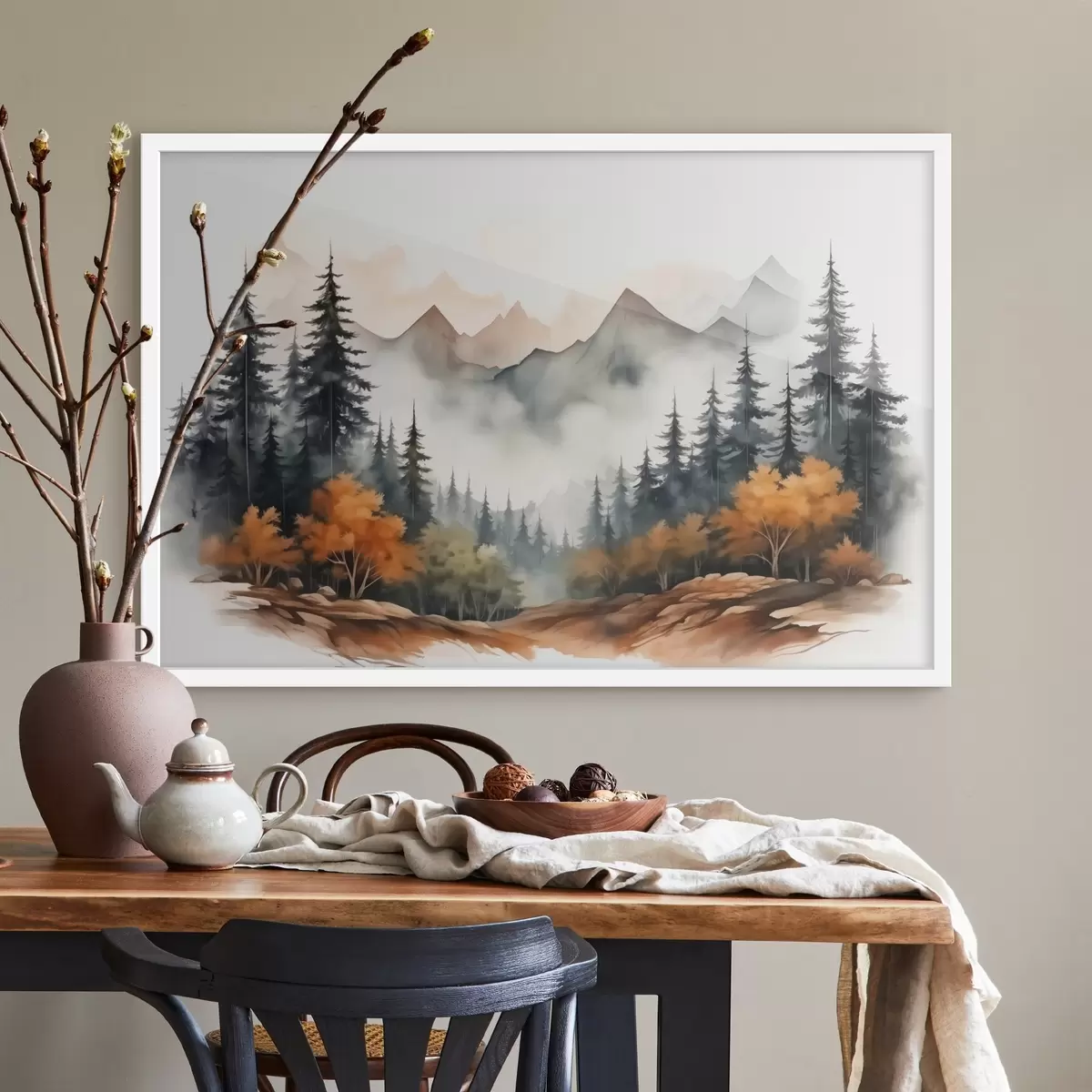 Poster Foresta sullo sfondo di montagne acquerello f41240