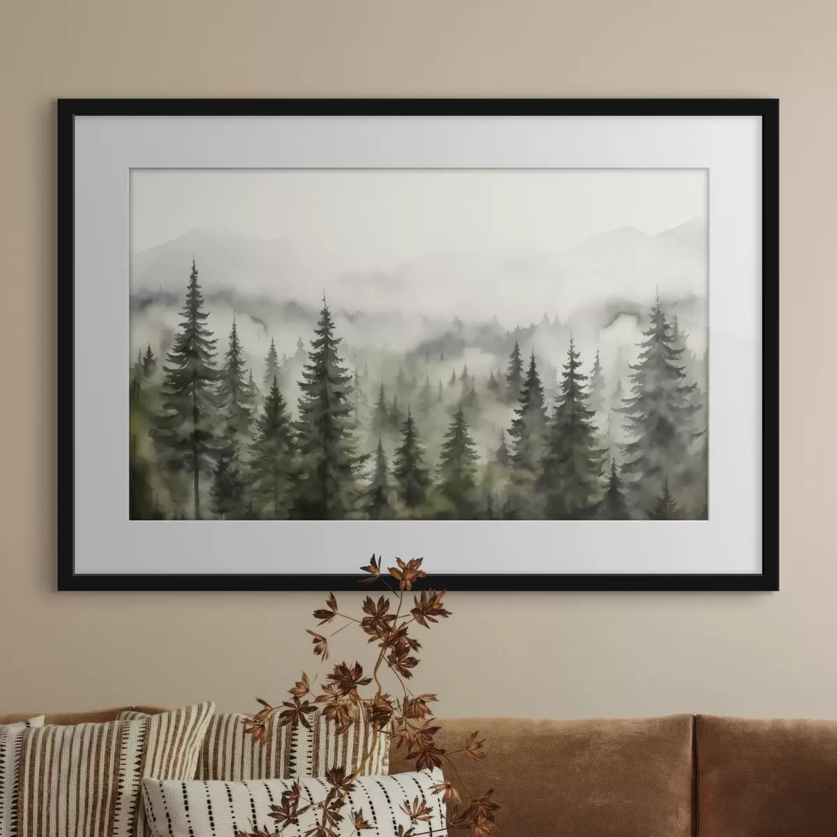Poster Foresta verde sullo sfondo di montagne montagne e nebbia acquerello f41241
