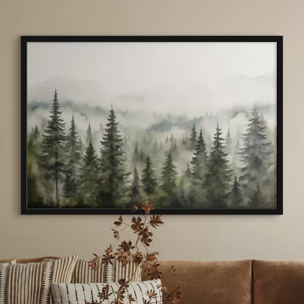 Poster Foresta verde sullo sfondo di montagne montagne e nebbia acquerello f41241