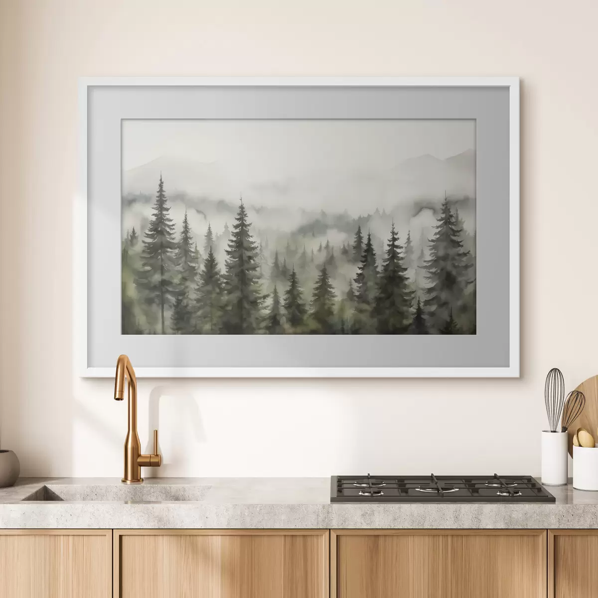 Poster Foresta verde sullo sfondo di montagne montagne e nebbia acquerello f41241