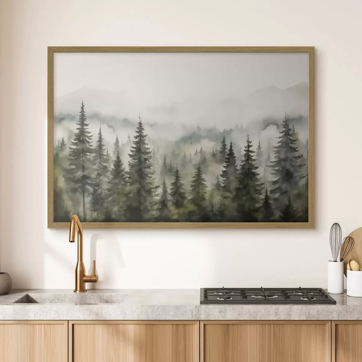 Poster Foresta verde sullo sfondo di montagne montagne e nebbia acquerello f41241