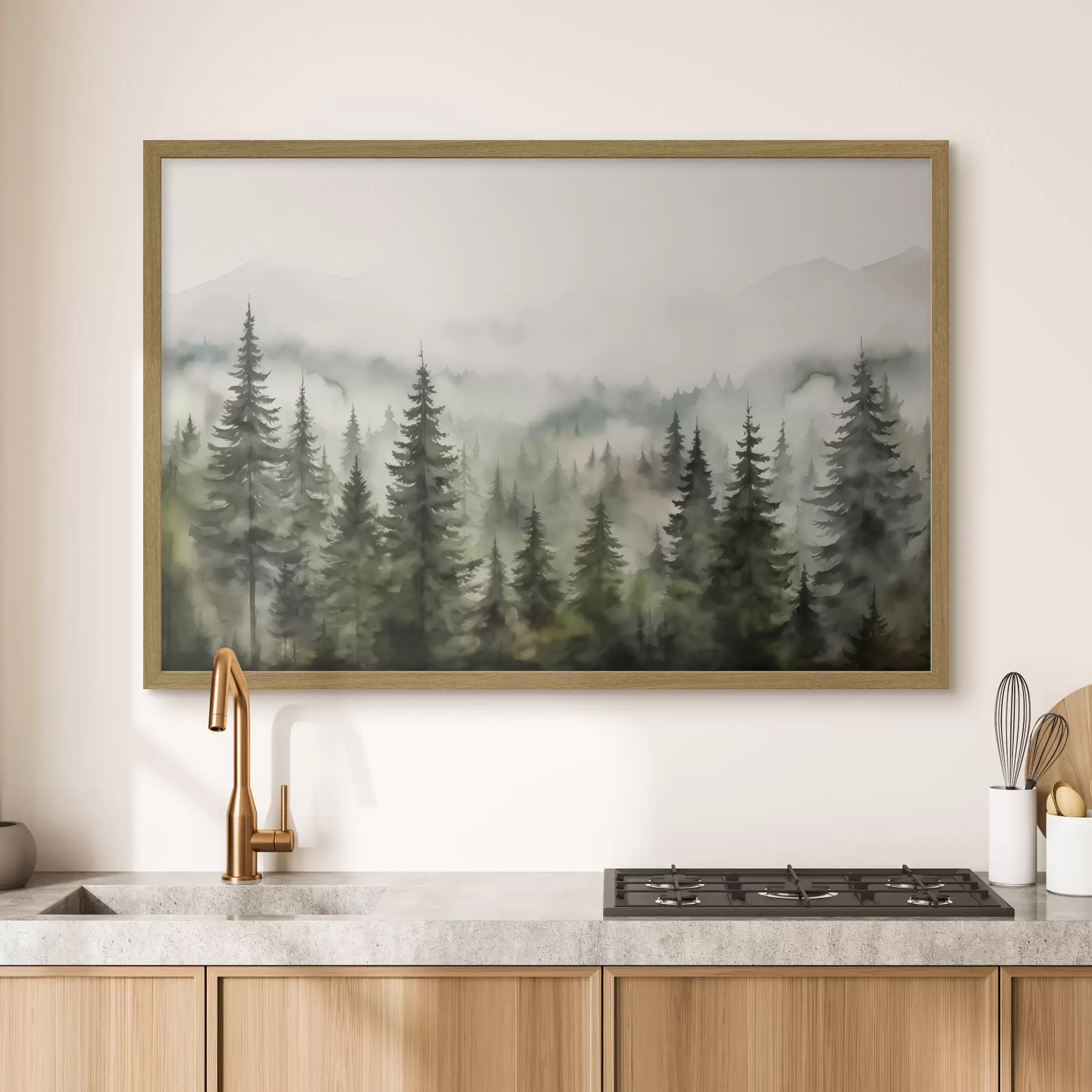 carta da parati Foresta verde sullo sfondo di montagne montagne e nebbia acquerello nr. f41241