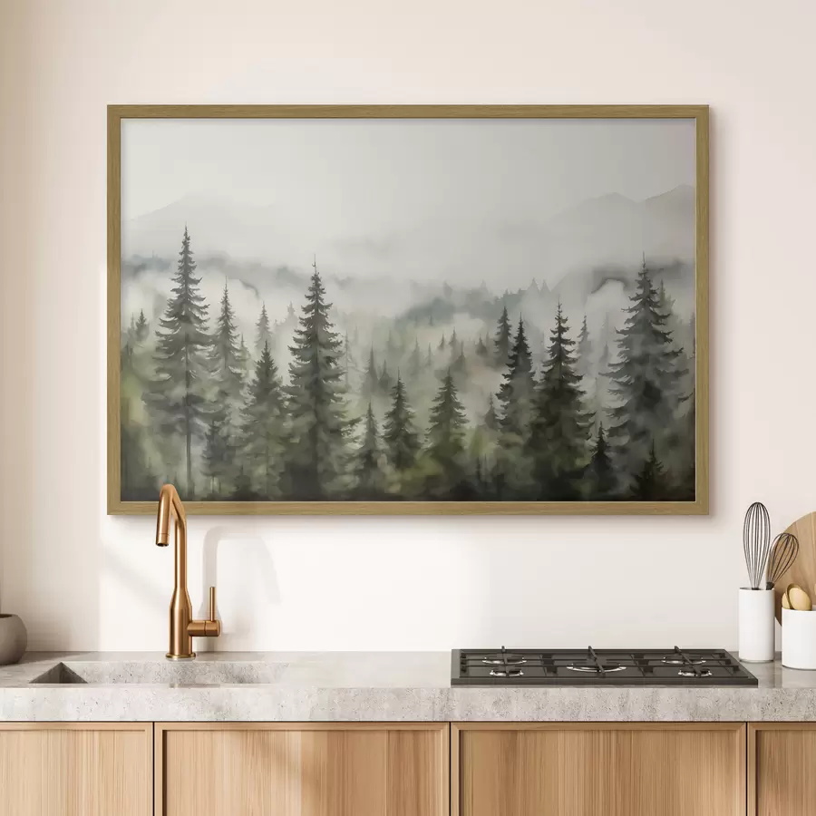 carta da parati Foresta verde sullo sfondo di montagne montagne e nebbia acquerello nr. f41241