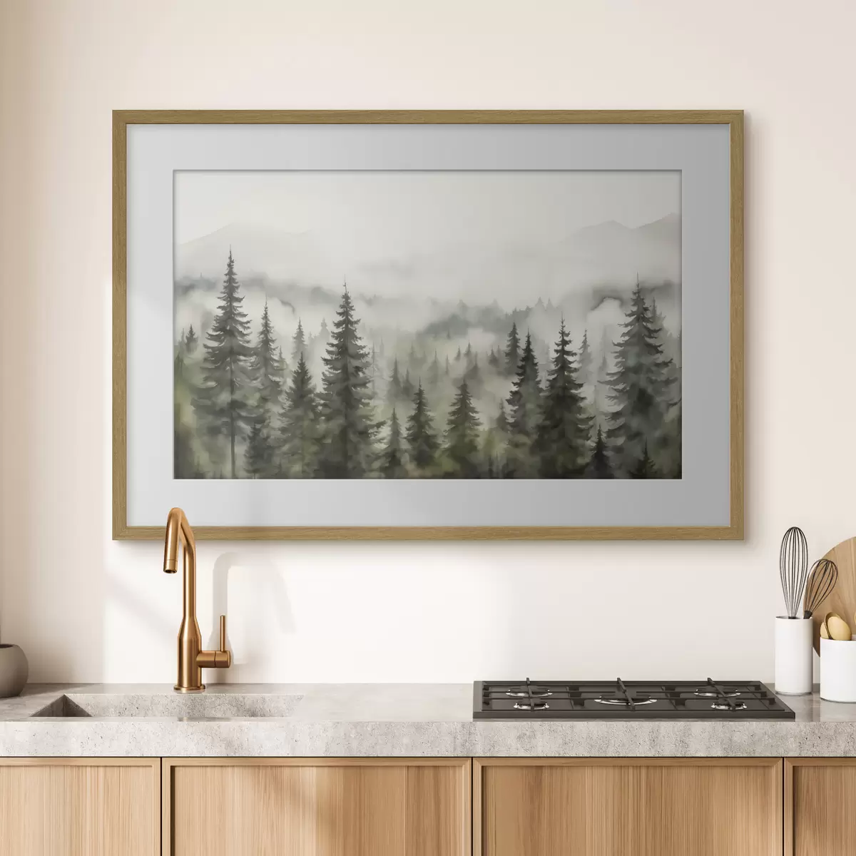Poster Foresta verde sullo sfondo di montagne montagne e nebbia acquerello f41241