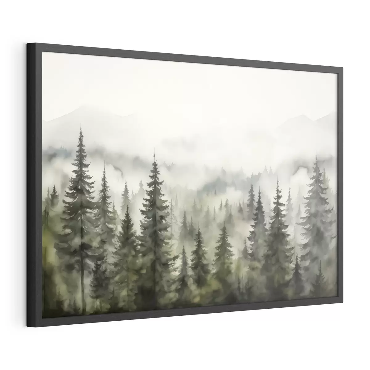 Poster Foresta verde sullo sfondo di montagne montagne e nebbia acquerello f41241