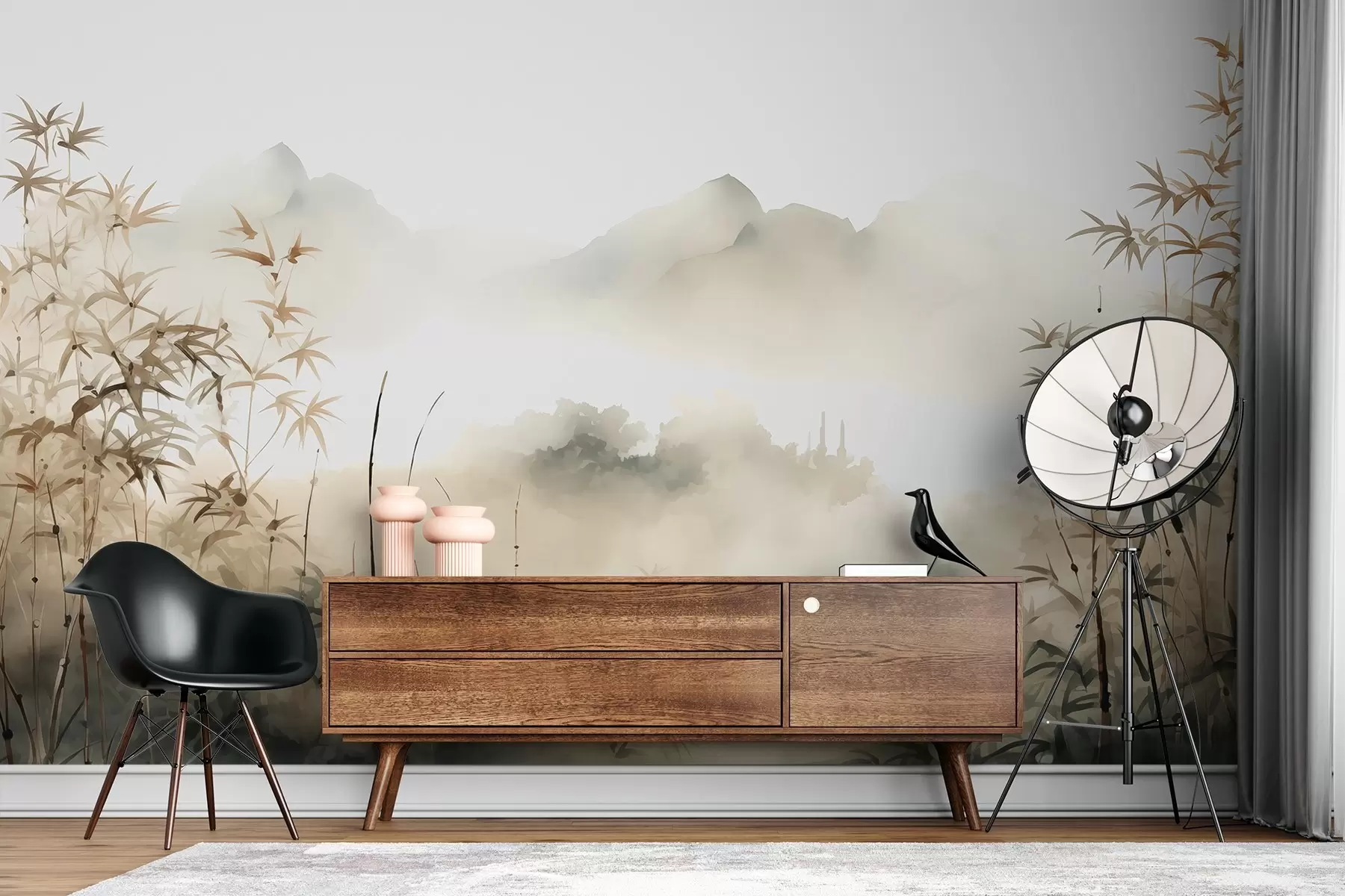 carta da parati Bambù vicino allo stagno con montagne nella nebbia sullo sfondo acquerello bagnato nr. w01862