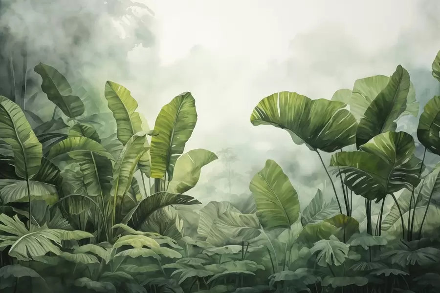 carta da parati Foglie tropicali nella giungla sullo sfondo della nebbia acquerello bagnato nr. w01868