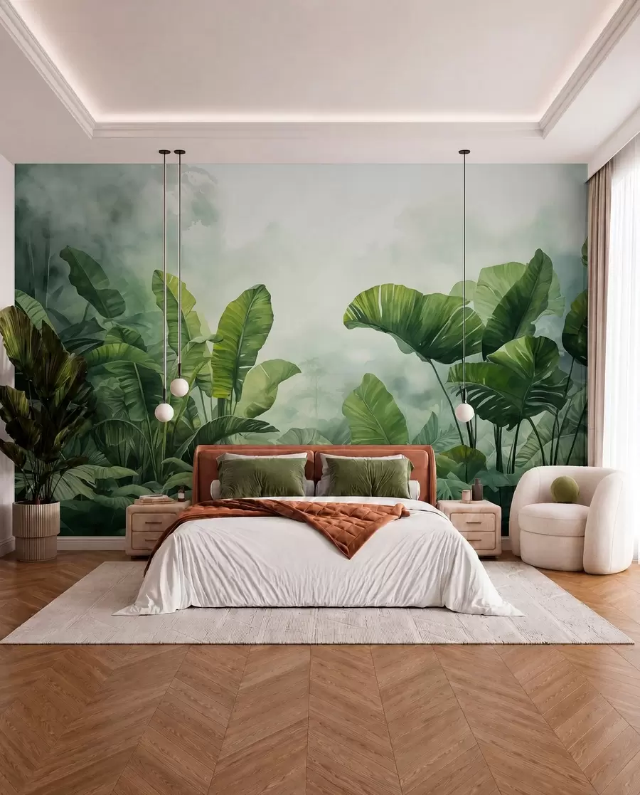 carta da parati Foglie tropicali nella giungla sullo sfondo della nebbia acquerello bagnato nr. w01868