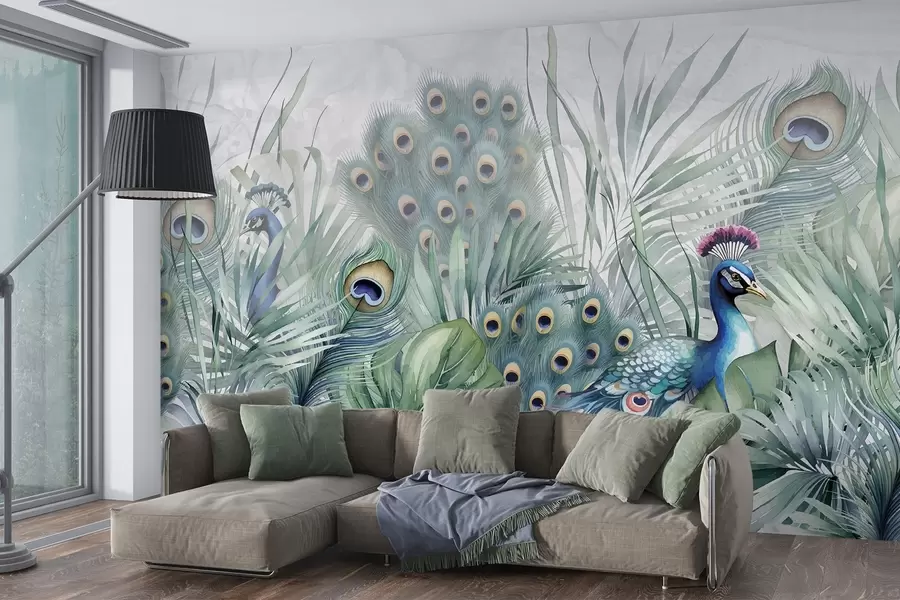 carta da parati Coppia di pavoni colorati circondati da un rigoglioso fogliame verde acquerellato e da fiori vivaci su sfondo grigio nr. w08345