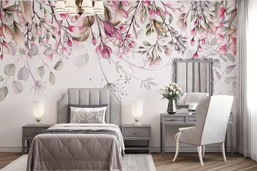 Carta da parati Floreale Delicati rami floreali bianchi e rosa con foglie e petali, su sfondo grigio pastello n. w08347