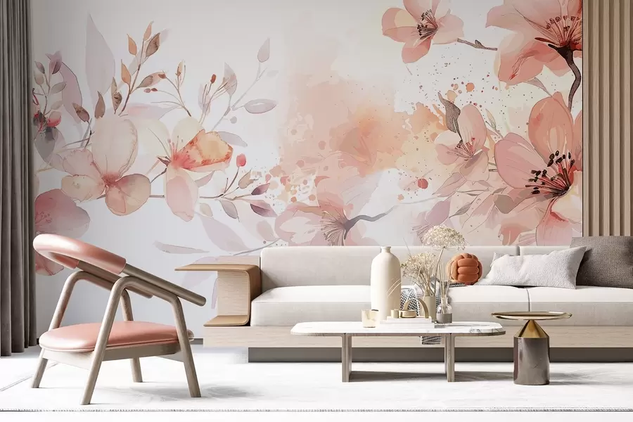 carta da parati Un bouquet di delicati fiori bianchi e color pesca con petali morbidi e sfumati su uno sfondo acquerellato leggero e arioso nr. w08348