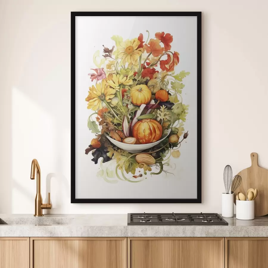 carta da parati Raccolto autunnale, acquerello di verdure, zucche e fiori nr. f41172