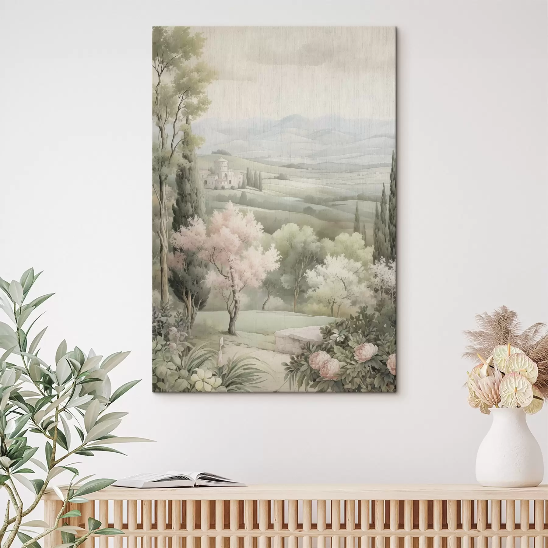 carta da parati Natura acquerellata, colori tenui, rose, alberi, colline verdi nr. s41223