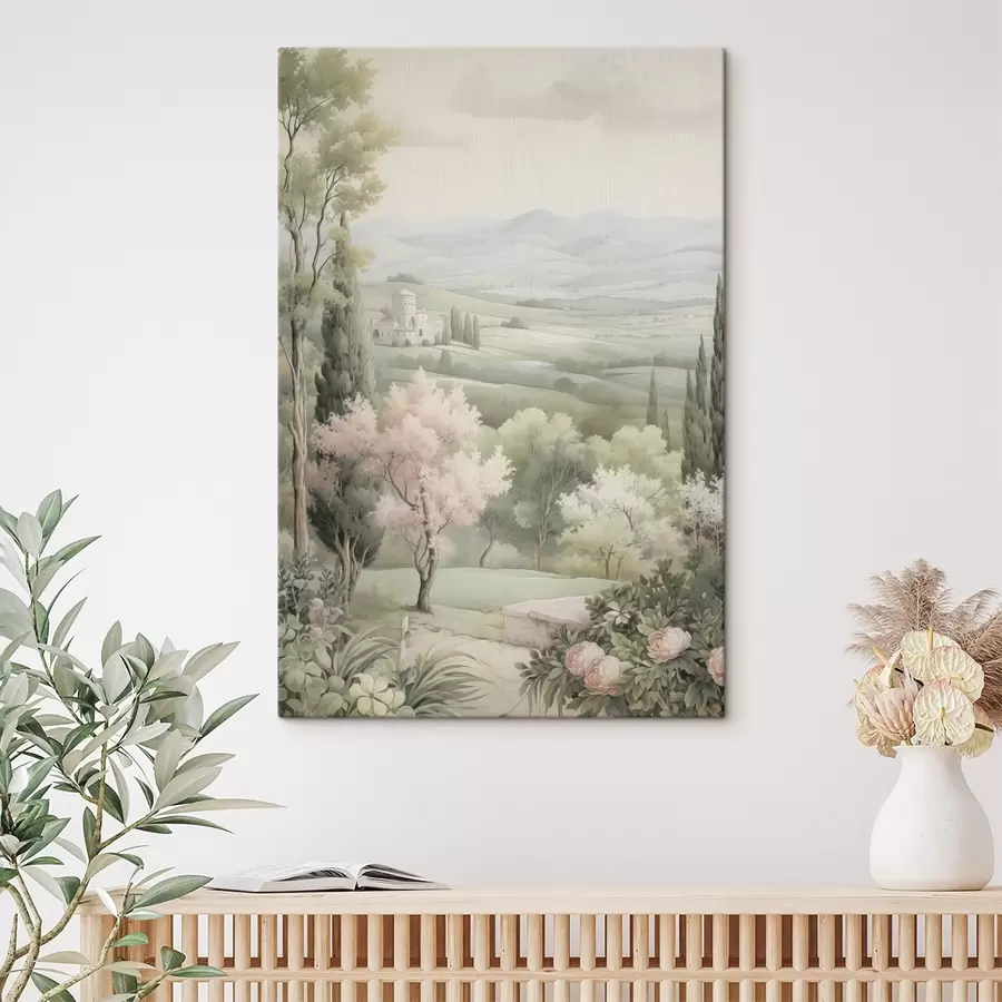 carta da parati Natura acquerellata, colori tenui, rose, alberi, colline verdi nr. s41223