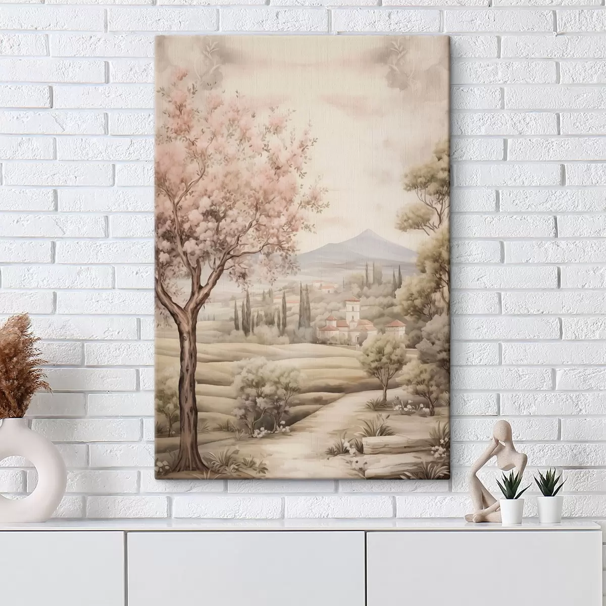 carta da parati Colline acquerellate, ciliegio in fiore, castello, stile rustico nr. s41225