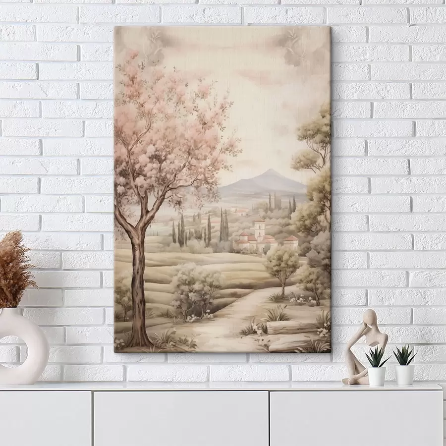 carta da parati Colline acquerellate, ciliegio in fiore, castello, stile rustico nr. s41225