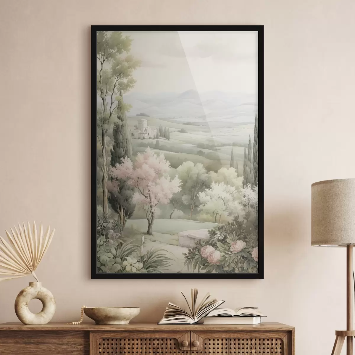 Poster Natura acquerellata, colori tenui, rose, alberi, colline verdi f41223