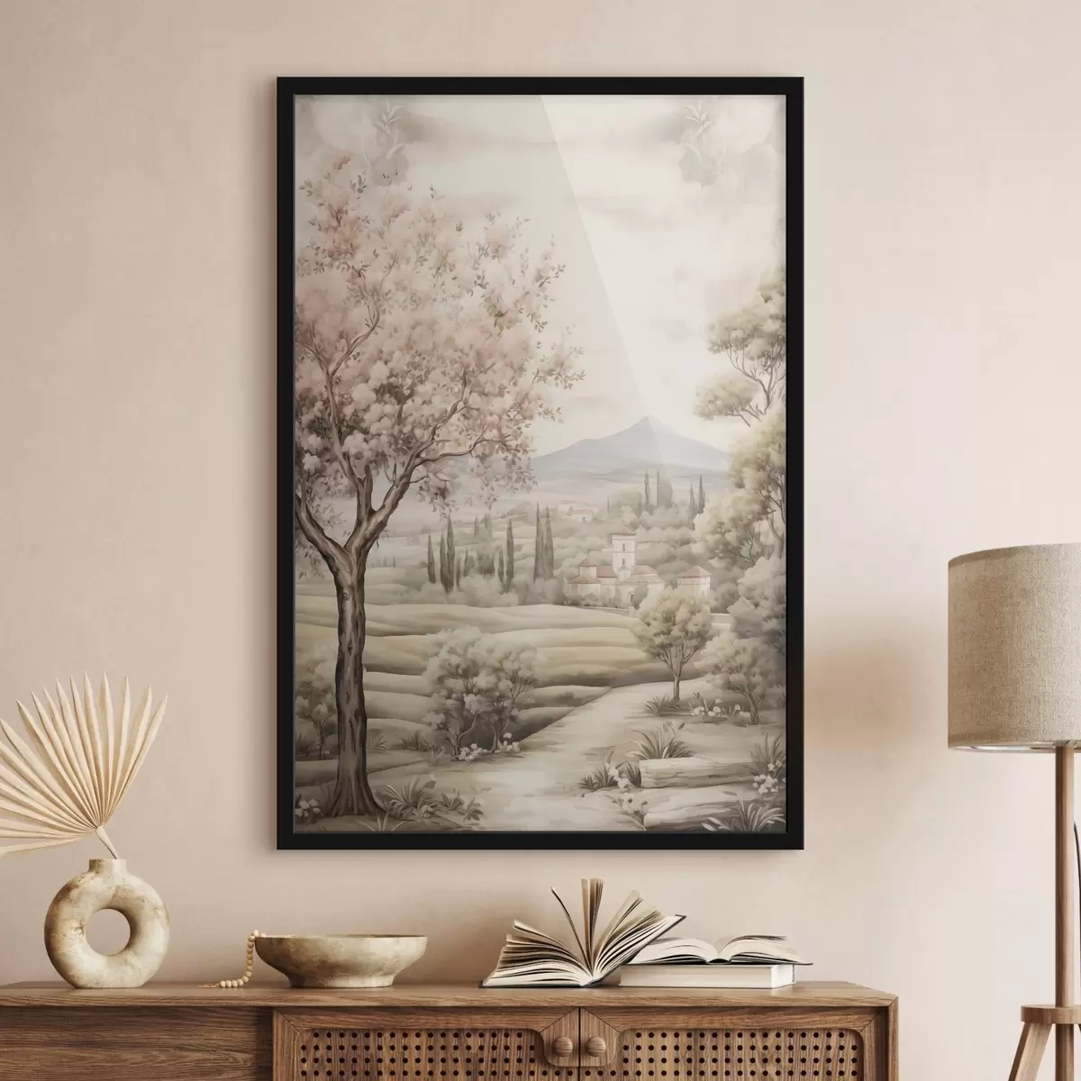 Poster Colline acquerellate, ciliegio in fiore, castello, stile rustico f41225