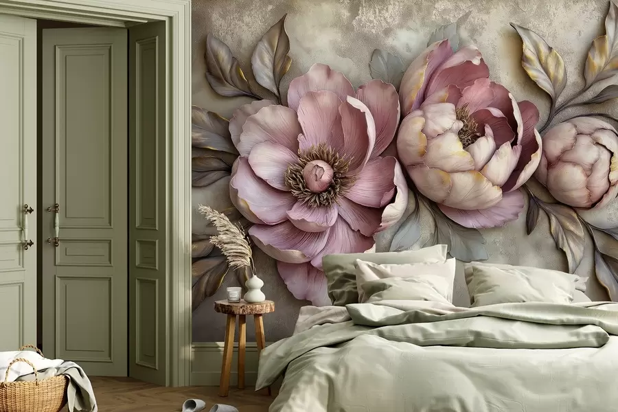Carta da parati 3D Fiori Peonie floreali viola con foglie e petali in colori pastello tenui, stile vintage n. w01825
