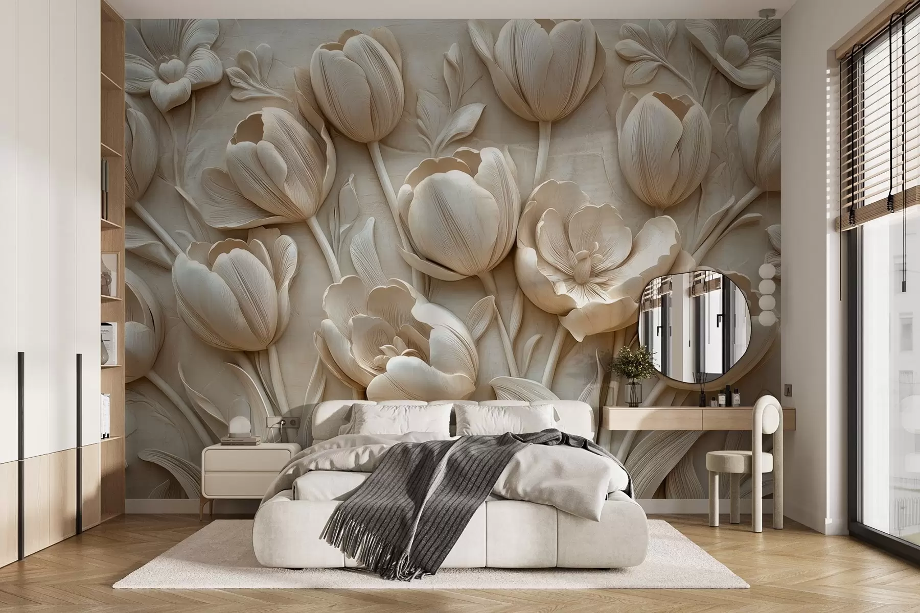 Carta da parati 3D Fiori arte floreale 3D con graziosi tulipani in colore beige n. w01851