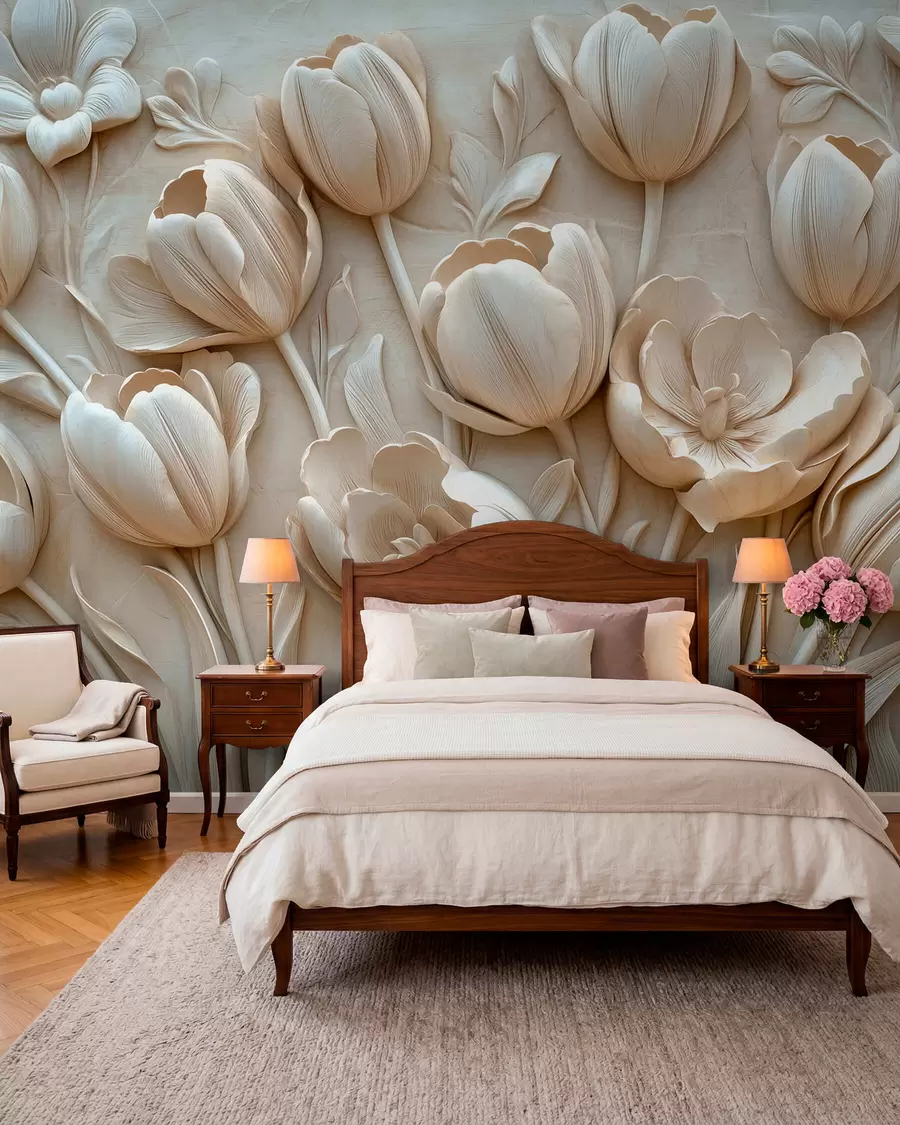 Carta da parati 3D Fiori arte floreale 3D con graziosi tulipani in colore beige n. w01851