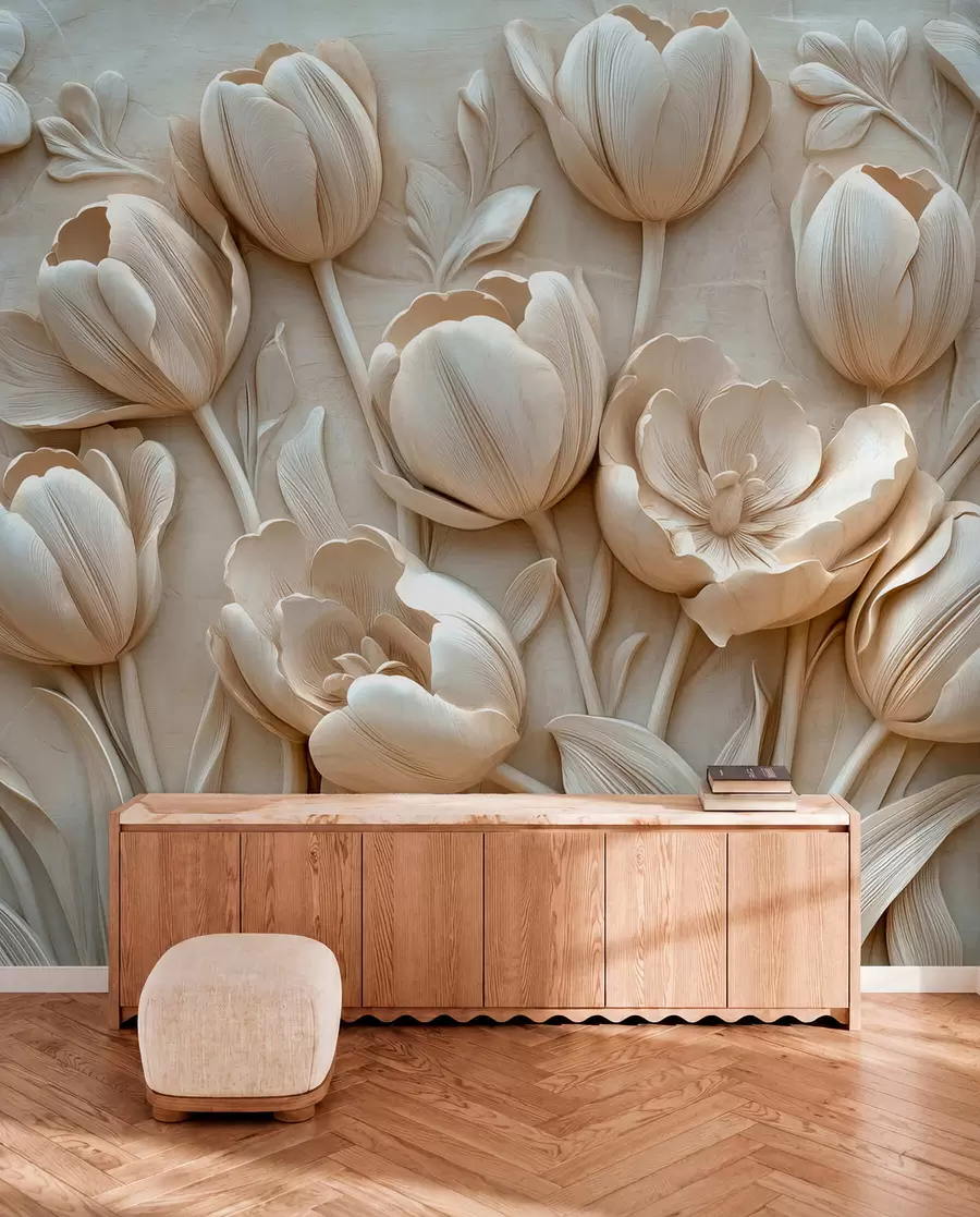 Carta da parati 3D Fiori arte floreale 3D con graziosi tulipani in colore beige n. w01851