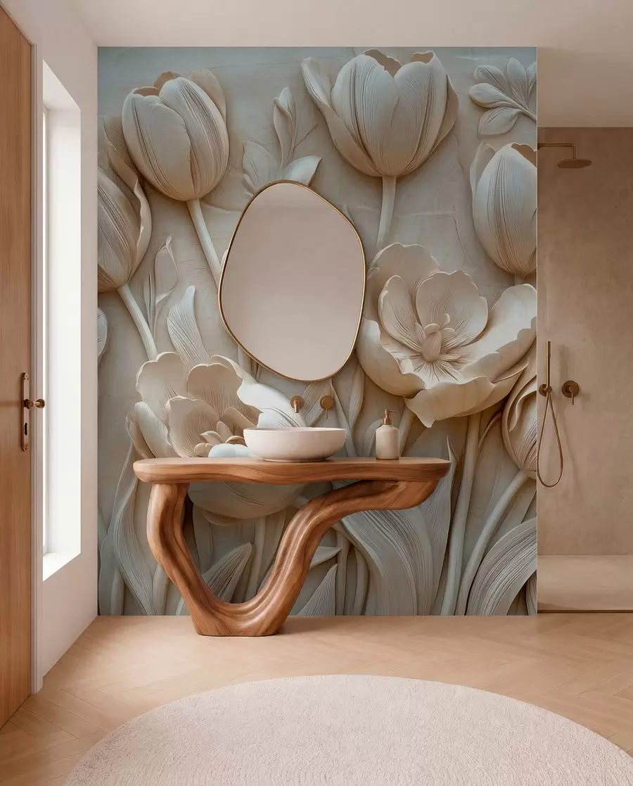 Carta da parati 3D Fiori arte floreale 3D con graziosi tulipani in colore beige n. w01851