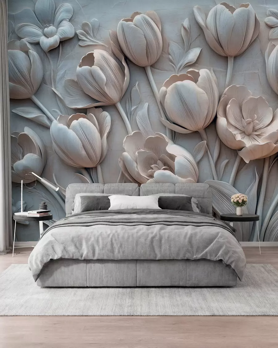 Carta da parati 3D Fiori arte floreale 3D con graziosi tulipani in colore grigio n. w01851v1