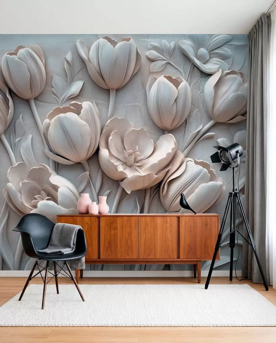 Carta da parati 3D Fiori arte floreale 3D con graziosi tulipani in colore grigio n. w01851v1