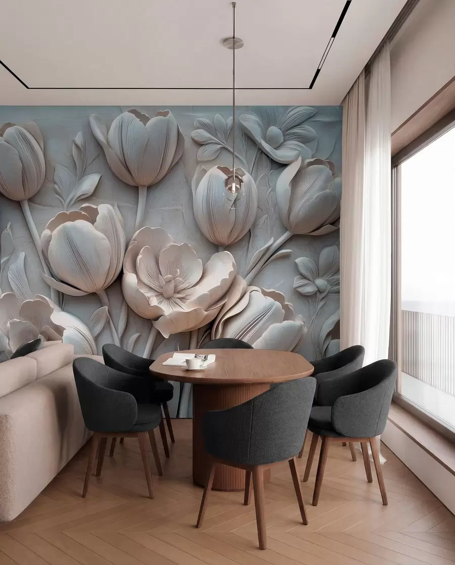 Carta da parati 3D Fiori arte floreale 3D con graziosi tulipani in colore grigio n. w01851v1