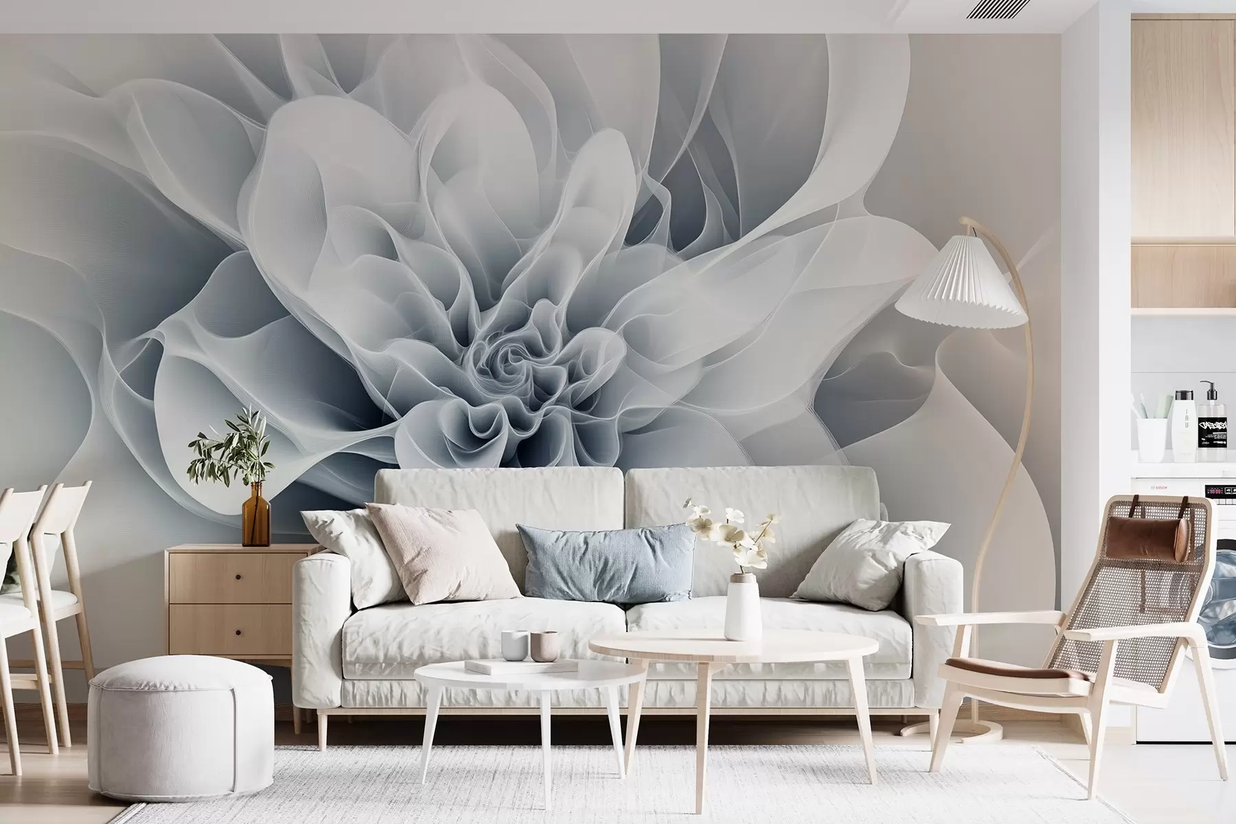 Carta da parati 3D Fiori Elegante immagine astratta di un fiore con linee morbide in blu n. w01853