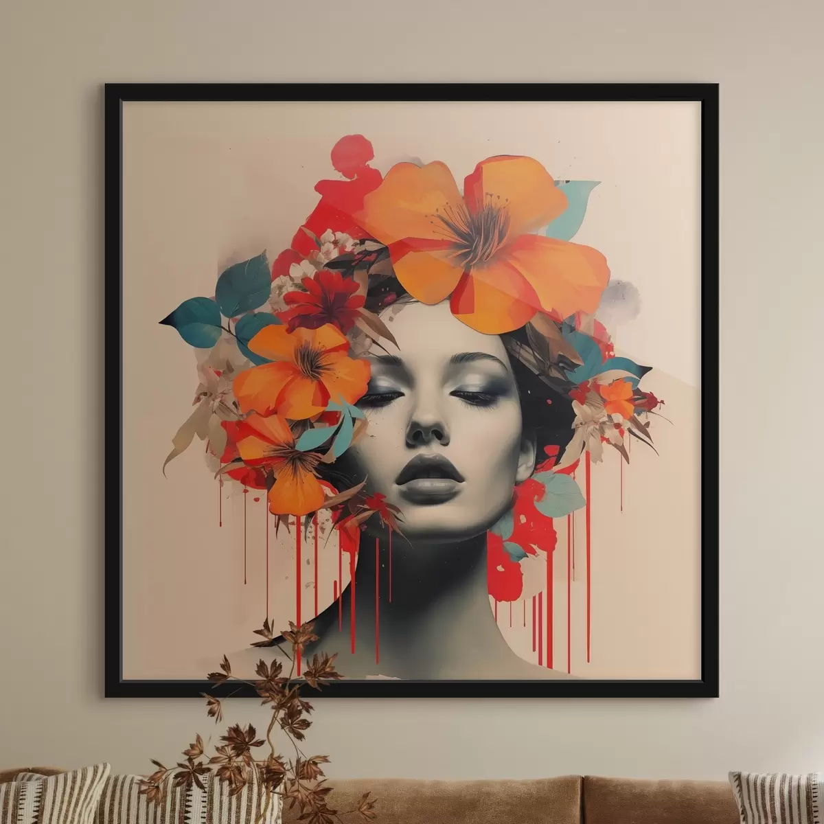 Poster Ritratto di ragazza in stile collage con fiori f41271