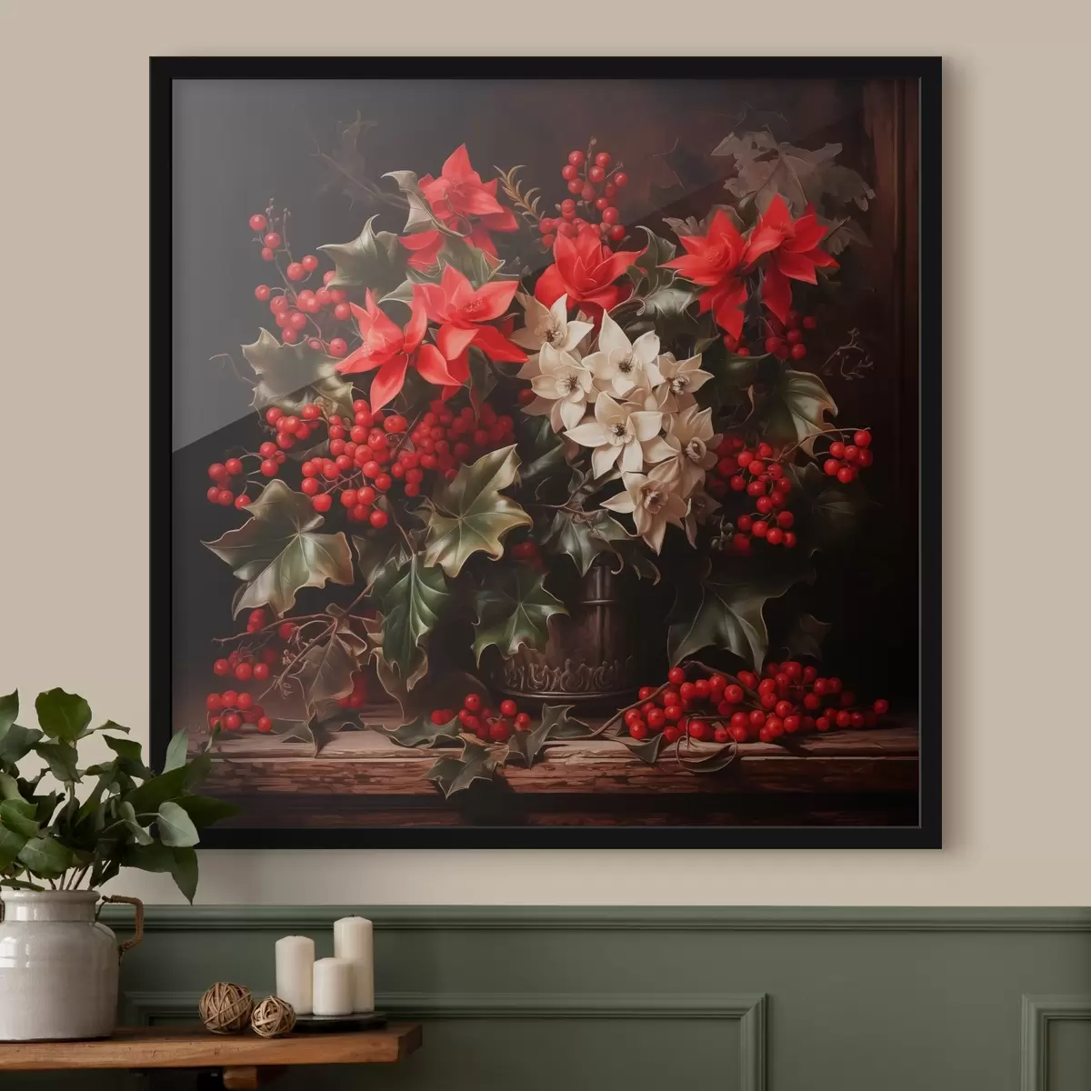 Poster Bouquet con agrifoglio e fiori di Natale su sfondo scuro f41272
