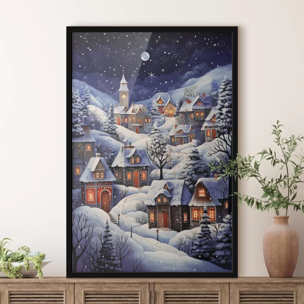 Poster Paesaggio invernale con case rurali innevate sullo sfondo del cielo stellato notturno f41275