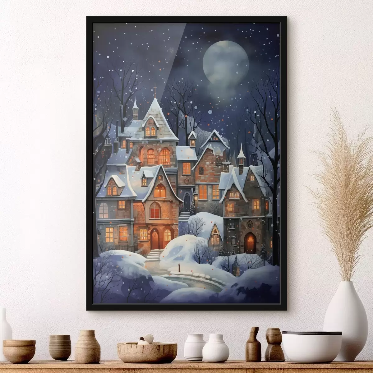 Poster Case nella neve sullo sfondo del cielo stellato notturno f41276