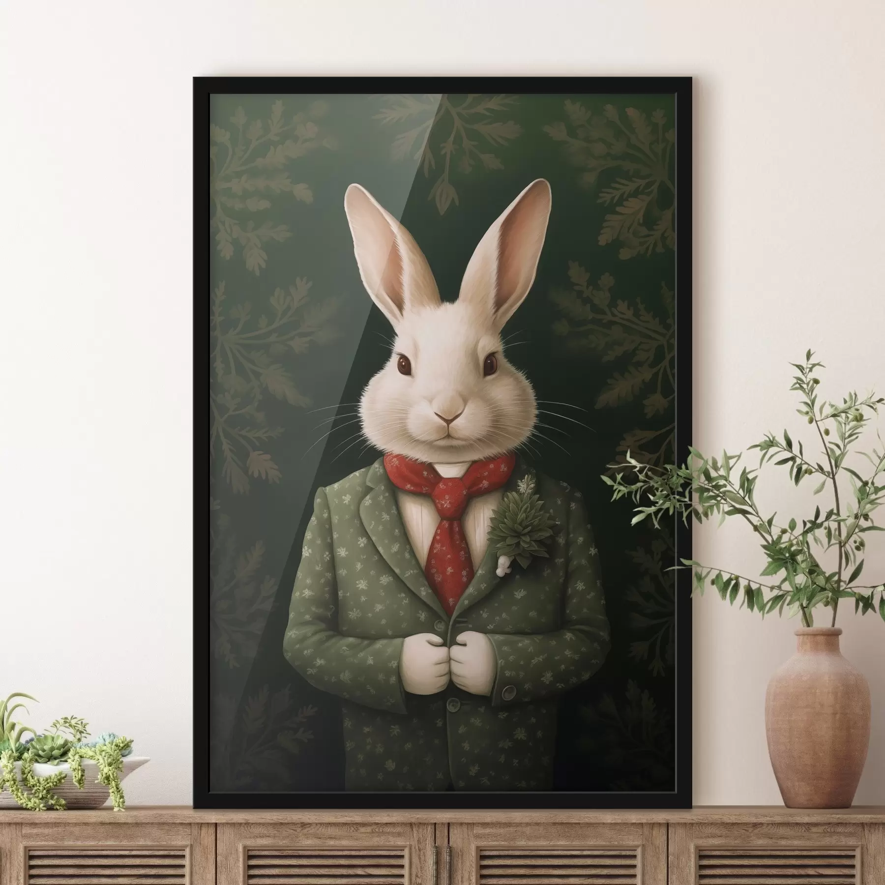 carta da parati Illustrazione di lepre bianca in abito verde e cravatta rossa nr. f41278