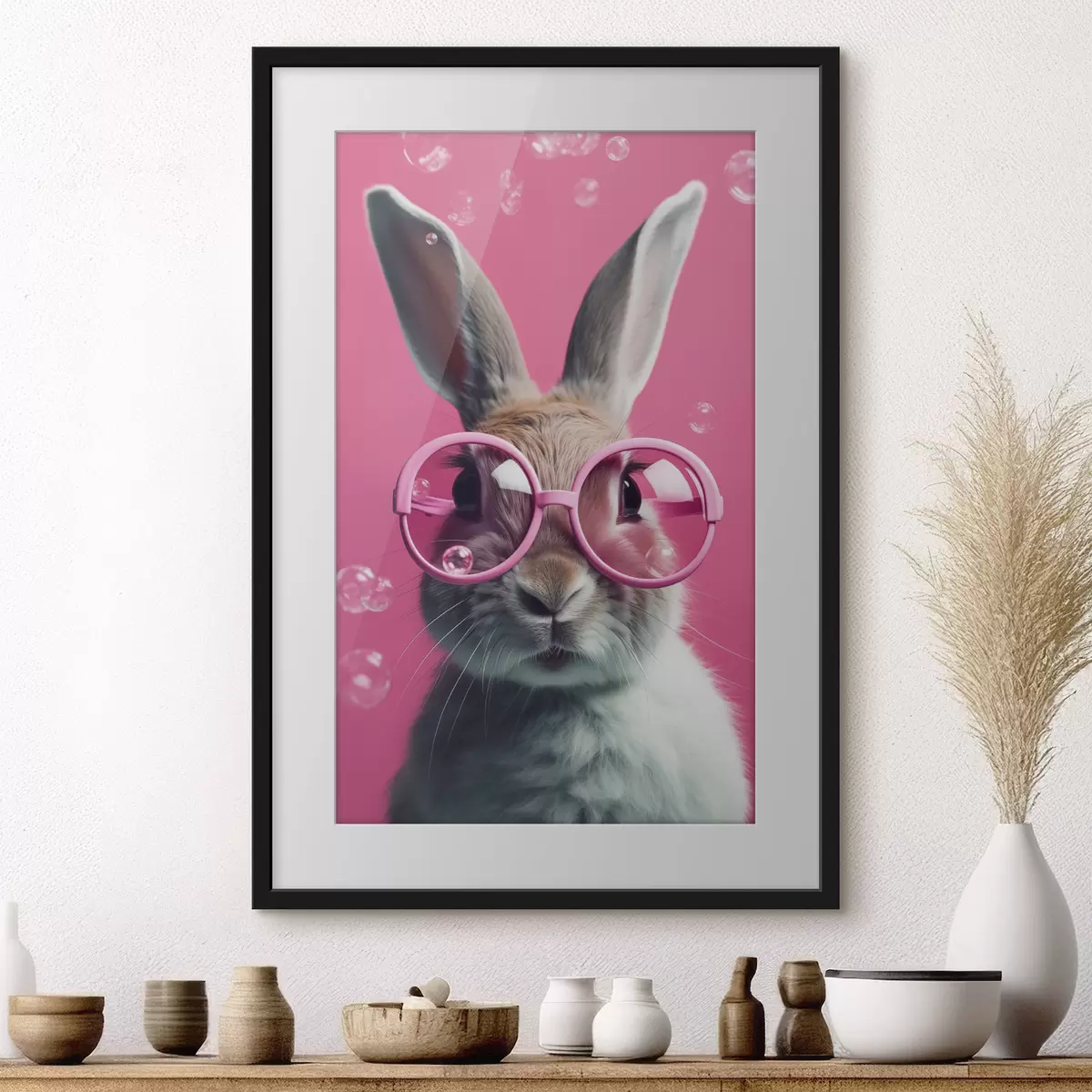 Poster Coniglio con occhiali rosa su sfondo rosa f41280