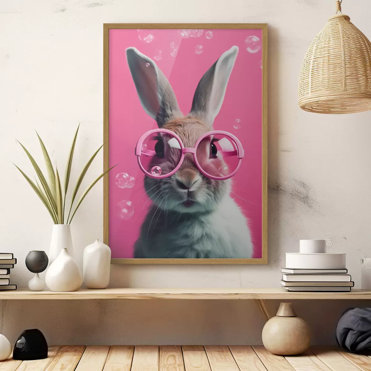Poster Coniglio con occhiali rosa su sfondo rosa f41280