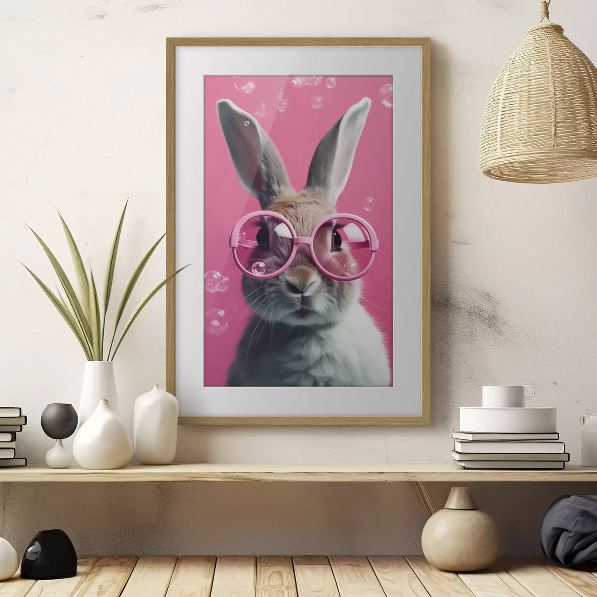 Poster Coniglio con occhiali rosa su sfondo rosa f41280