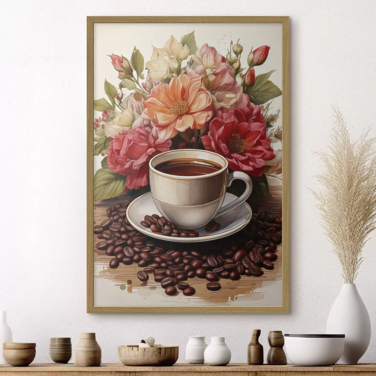 Poster una tazza di caffè e un mazzo di fiori f41411