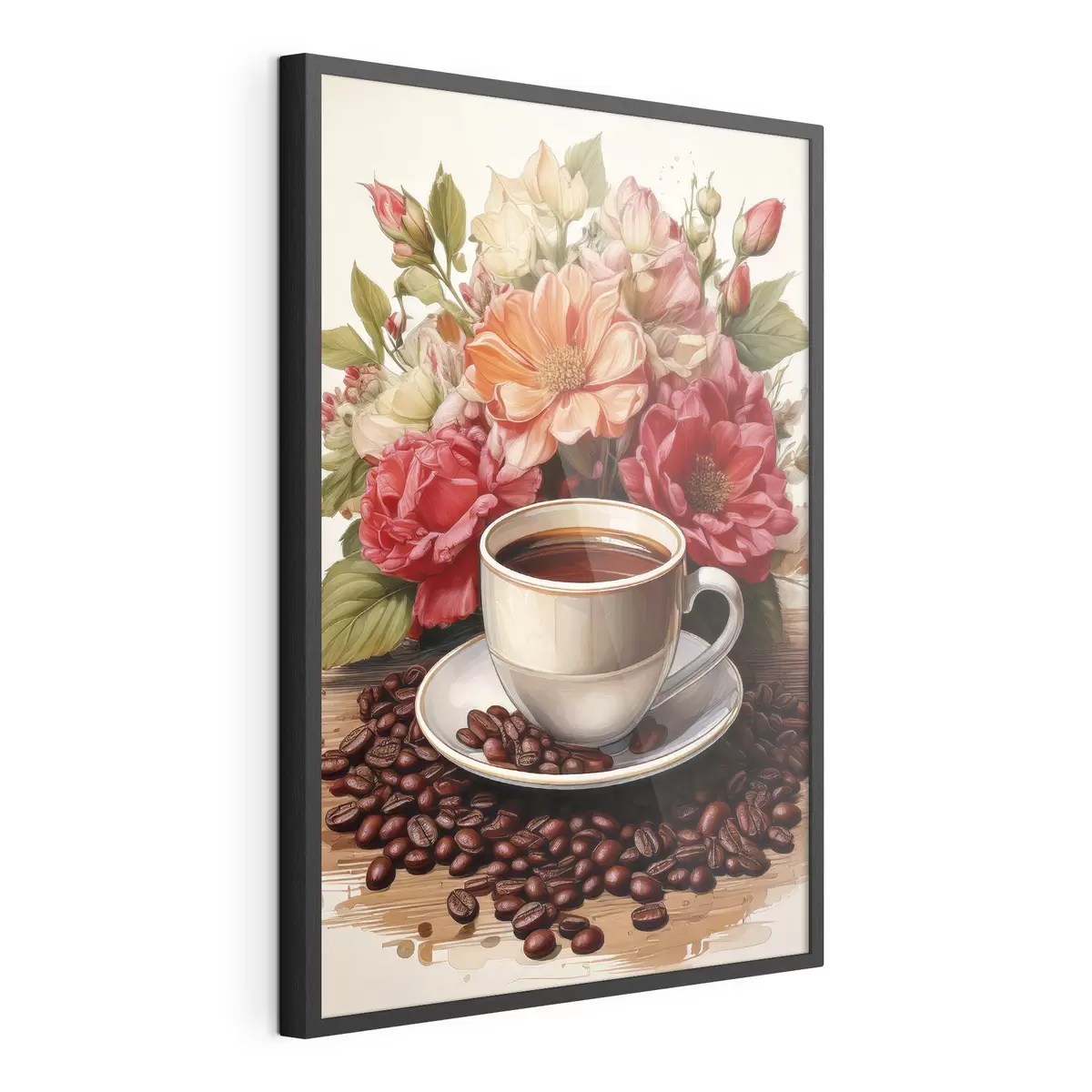 Poster una tazza di caffè e un mazzo di fiori f41411