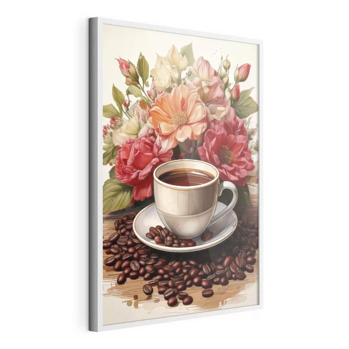 Poster una tazza di caffè e un mazzo di fiori f41411