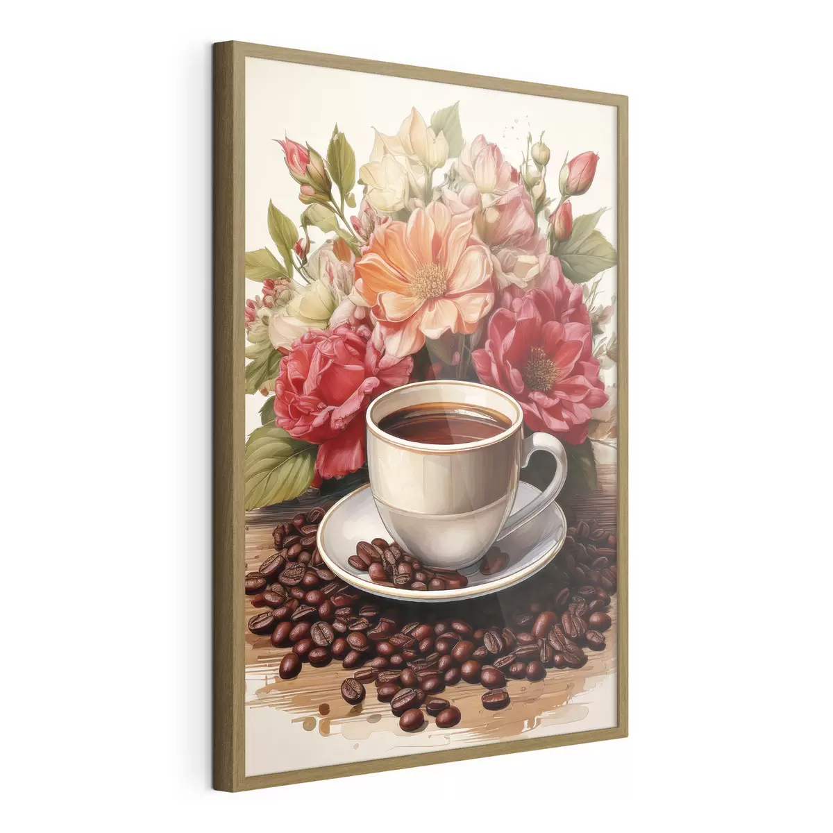 Poster una tazza di caffè e un mazzo di fiori f41411